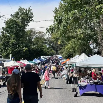 Crowd walking through outdoor street fair with vendor tents and trees